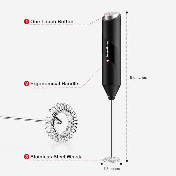 Bonsenkitchen Milk Frother Handheld, Electric Foam Maker with Stainless Steel Whisk, Hand Drink Mixer for Coffee, Lattes, Cappuccino, Matcha, Battery Operated, Stirrer Coffee Wand