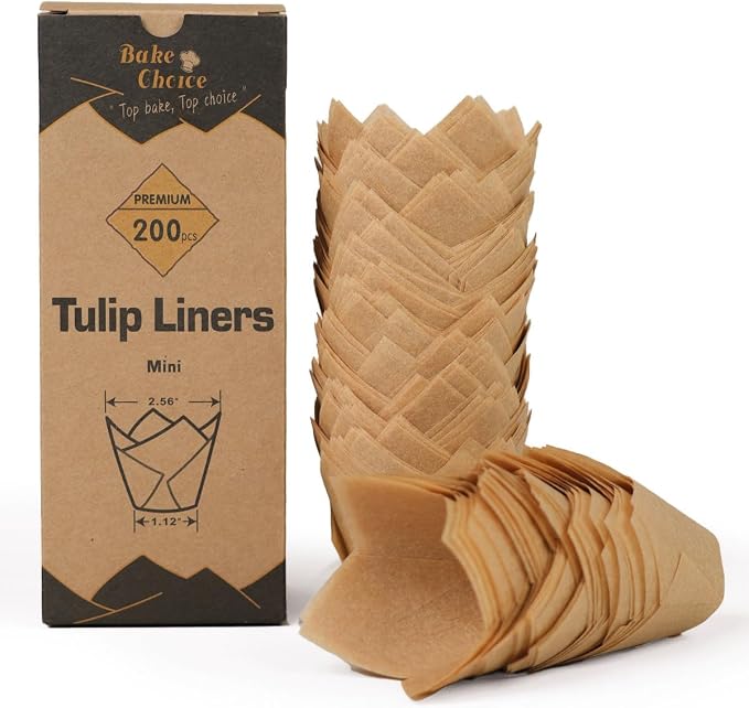 Bake Choice 200pcs Natural Mini Tulip Cupcake Liners for Baking Cups, Unbleached, Greaseproof EU Parchment paper, Mini Tulip Muffin Liners for Party, Christmas, Valentines