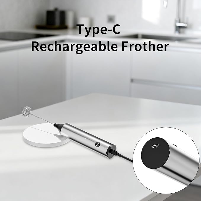 Rechargeable Hand Frother with Stand, Handheld Milk Frother for Coffee, Drink Mixer Frother Wand Electric Whisk Stirrer for Matcha, Latte, Hot Chocolate, Cappuccino (Stainless Steel)