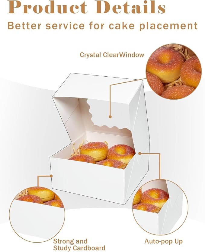 qiqee Auto-pop up Cookie Box with Window 6x6x3 Inch White 60Pcs Pastry Macaron Bakery Pie Box For Packaging