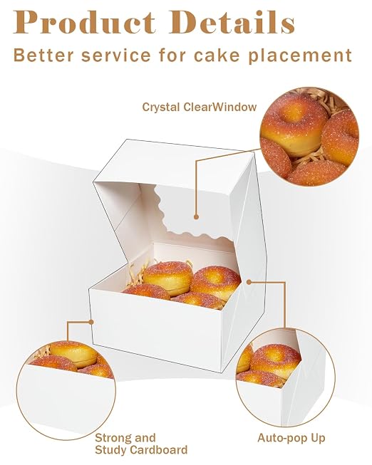 qiqee Auto-pop Up 240pcs White Bakery Box with Window 6"×6"×3" Macaron Boxes Small Donut Pastry Boxes for Party Mini Cookie Boxes