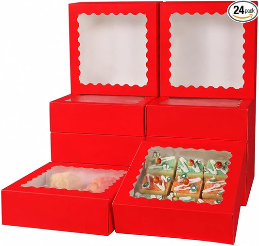 24 pcs Red Pie Boxes,12x12x3 Inch Auto-Popup Bakery Boxes with Window Donuts Chocolate Muffins Donuts Pastry Dessert Cookie Box For Packaging