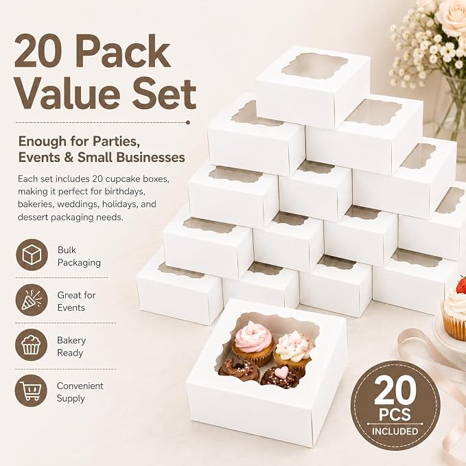 Cupcake Boxes with Window, 20 Pack 6.5x6.5x3 Inch Bakery Boxes for 4 Cupcakes, Muffins, Cookies & Pastries, Disposable Dessert Boxes with Insert Holder (White)