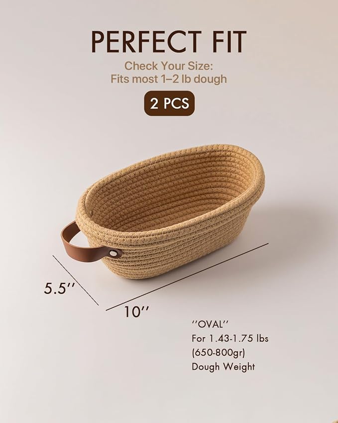 Crispier Crust Cotton Rope Banneton Bread Proofing Basket Set of 2, Oval Bread Baskets with Liners & Covers for Artisan Bread Baking, Sourdough Bread Baking Supplies, Gift-Ready(Brown)
