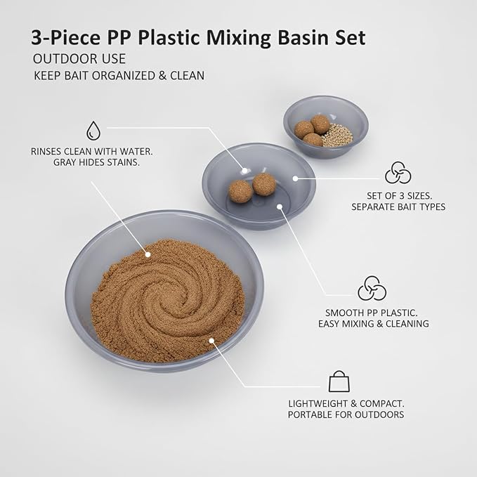 3-Pack Gray PP Plastic Mixing Bowls for Outdoor Camping & Food Prep, Nested Set of Small, Medium, Large Basins