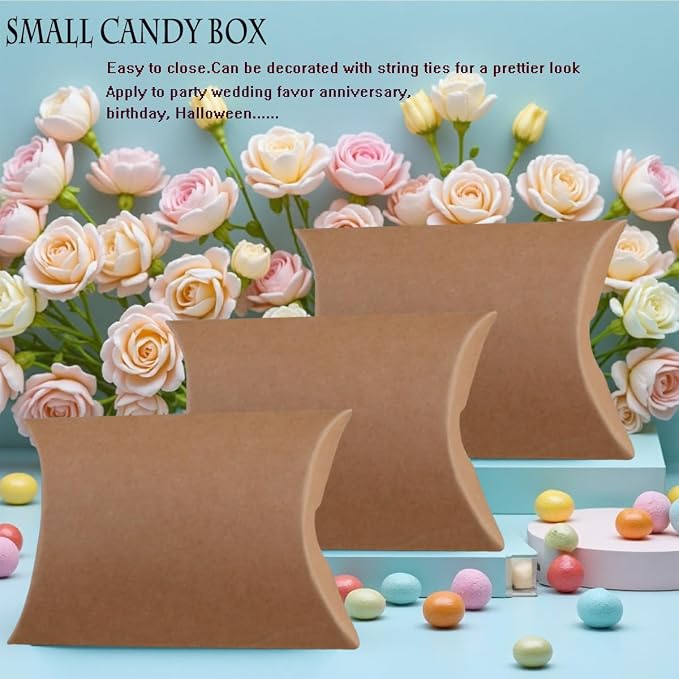 50 Pcs Kraft Paper Pillow Gift Boxes,3.5x2.6 Inch Mini Folding Treat Boxes, Creative Favor Box Folding Treat Boxes for Bakery, Candy, Jewelry, Wedding & Party Favors((Yellow-1)