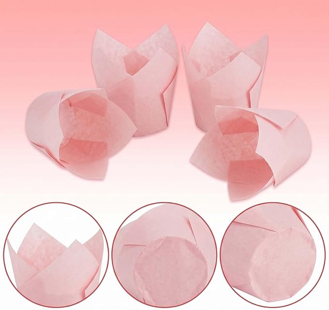 200 Pcs Pink Tulip Cupcake Liners for Baking, Standard Size | Standard Greaseproof Tulip Muffin Liners for Baking, 3oz Pink Paper Cupcake Wrappers for Party Wedding Birthday