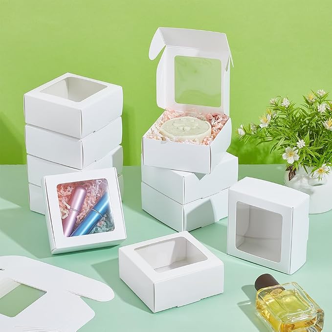 BENECREAT 30pcs Square White Paper Boxes, Gift Boxes with Clear PVC Window for Wedding Gift, Chocolates, Cookies and Other Small Crafts, 3.6x3.6x1.57 Inch