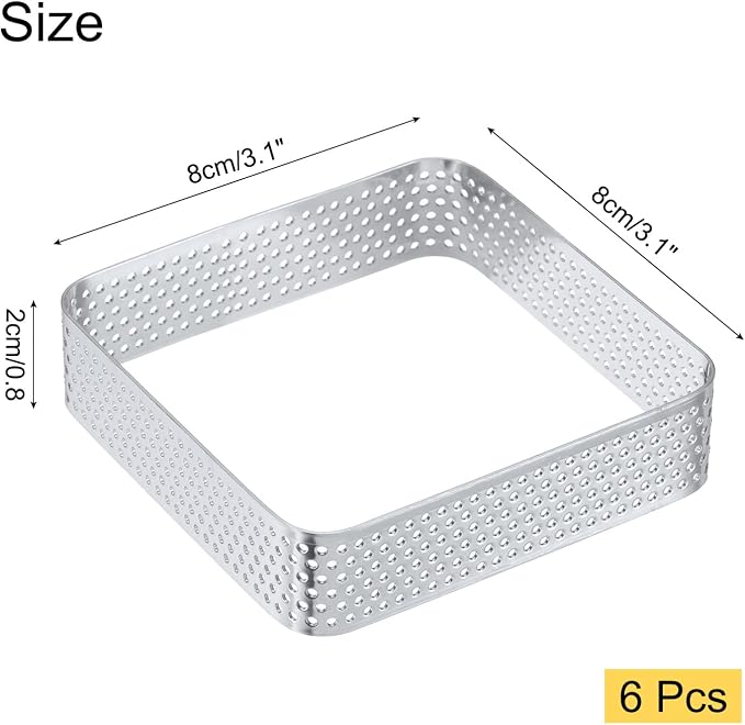 uxcell 6pcs Square Perforated Cake Rings 3.1 x 3.1 Inch Stainless Steel Cake Pastry Mousse Ring Molds for DIY Cake Dessert Mousse Pastries Baking, Silver Tone