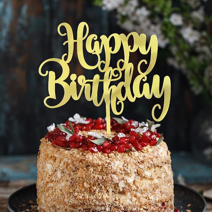 Happy Birthday Cake Topper- Glitter Happy Birthday Cake Decor, Handmade Anniversary/Birthday Party Supplies (Acrylic gold)