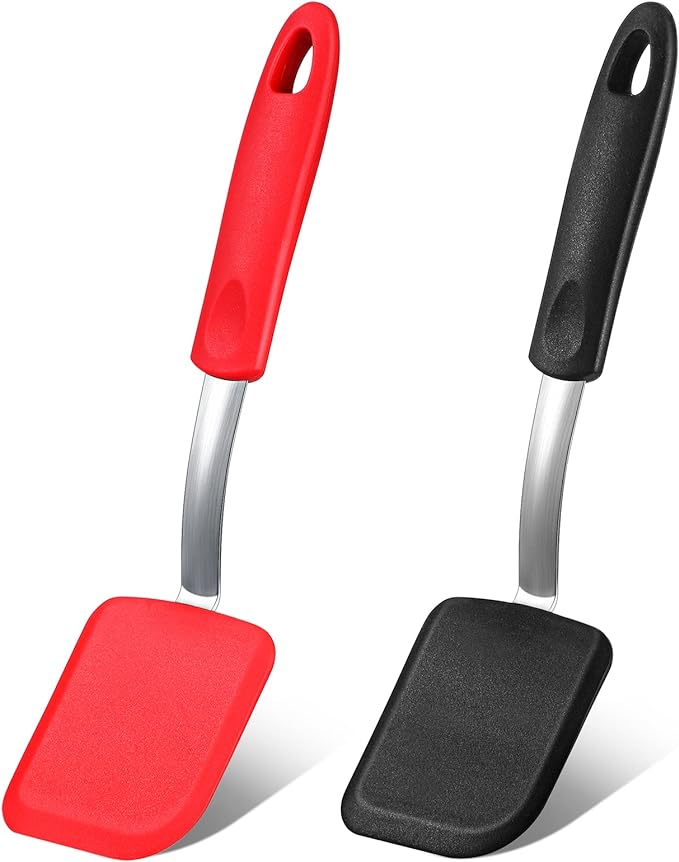 Silicone Cookie Spatula Turner 2 Pack Mini Brownie Spatula Flexible Kitchen Small Silicone Turner for Nonstick Cookware Heat Resistant No Scratch Flipper for Pancake(Solid Flat,Black, Red)