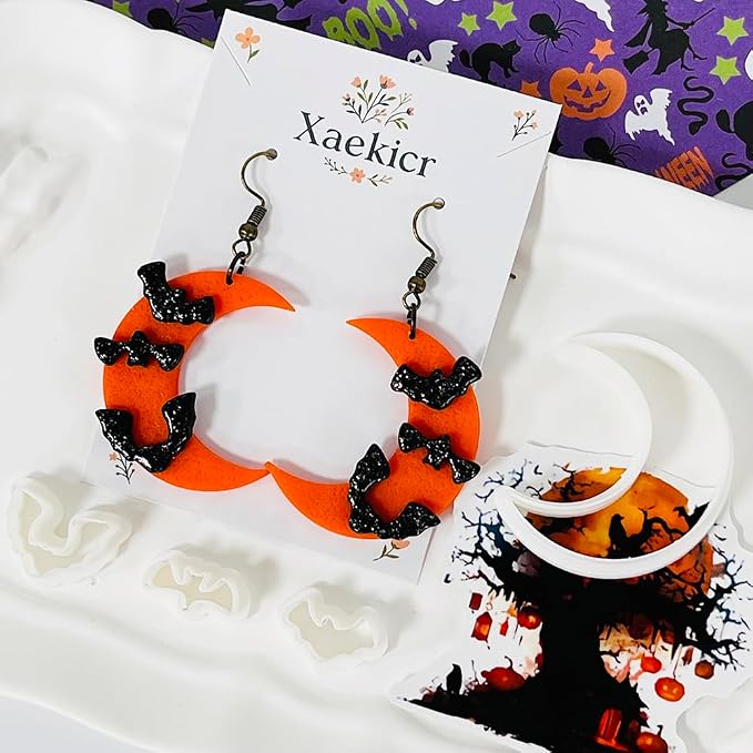 Xaekicr Halloween Moon Bat Polymer Clay Cutters Set – 4pcs Clay Earring Cutters for DIY Polymer Clay Jewelry Making, Clay Tools and Molds for Earrings