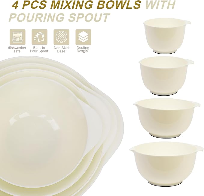 BoxedHome 4.5 Quart Large Plastic Mixing Bowls, Microwave Safe Mixing Bowl Set with Pour Spout, Nesting Bowls for Space Saving Storage(Beige)