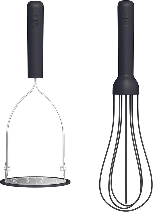 bella 2 Piece Compact Masher and Whisk Set, Fold Flat, Stainless steel and silicone, Foldable Masher, Ballon Whisk, Flat Whisk, Non-stick, Nonslip, Heat safe to 425°F, Slate
