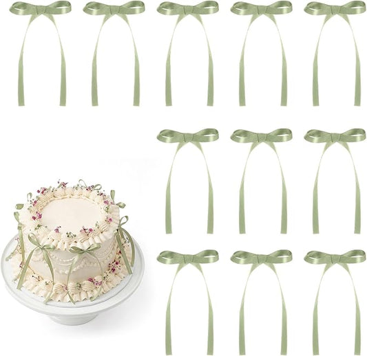 30 Pack Sage Green Bow Cake Toppers Ribbon Bows for Cake Bow Cupcake Toppers for Camping Birthday Party Decorations, Wedding, Bridal Baby Shower, Engagement, Bachelorette Party