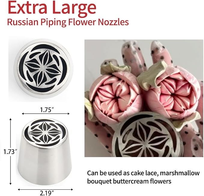 Extra Large Russian Piping Tips - Stainless Steel Flower Nozzles Set for Cake Decorating, Rose & Floral Icing Tips for Cupcakes, Cookies Professional Baking Tools (XXL, Style 66)