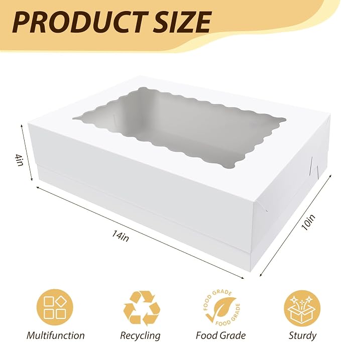 6 Pack White 1/4 Sheet Cake Boxes with Window, 14x10x4 Inch Food-Grade Quarter Sheet Bakery Boxes for Cupcakes, Cookies, Donuts, Pies, Strawberry Chocolates & Party Treats