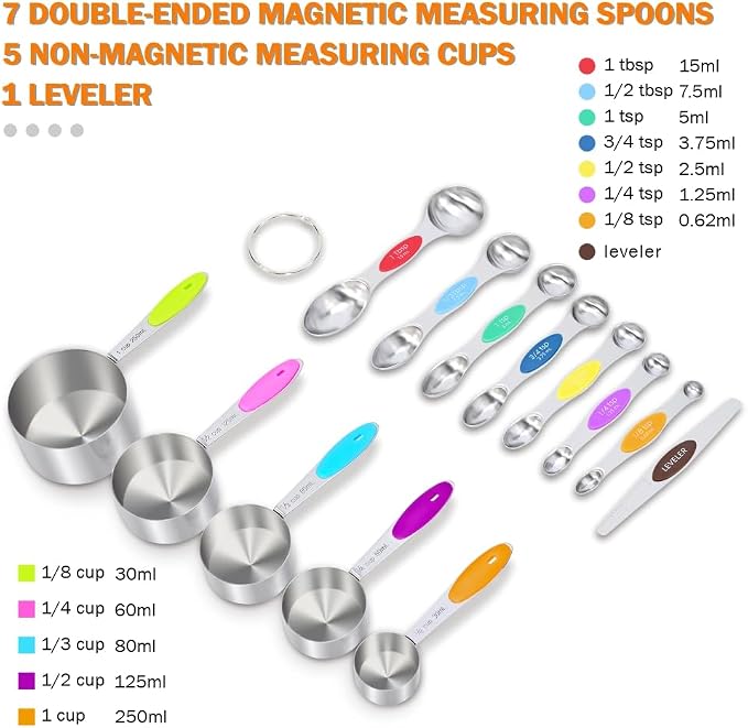 13-Piece Magnetic Measuring Spoons and Cups Set, Stainless Steel Kitchen Measure Tools with Silicone Handles, Nesting Dry and Liquid Measuring Cups for Baking Cooking (Multicolor)