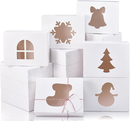 COTOPHER 18Pcs Christmas Cookie Boxes with Window, 8x6x2.5 inch White Bakery Boxes for Gift Giving, Kraft Treat Boxes Dessert Boxes for Cakes Donuts Chocolate Strawberries Pastries Muffins