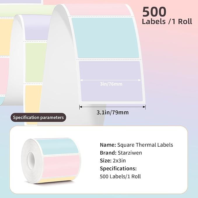 2"x3" 500pcs Rectangle Thermal Labels, Colored Stickers for Thermal Printer | Waterproof, Multi-Color, Macaron Pastel, Oil-Proof, BPA-Free, Strong Adhesive, DIY Logo, Compatible with Munbyn/Rollo/Zebra