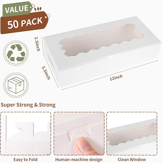 50 pcs White Cookie Box,12x5.5x2.5 Inch Bakery Boxes with Window Pies Chocolate Strawberries Muffins Biscuit Pastry Dessert Box For Packaging