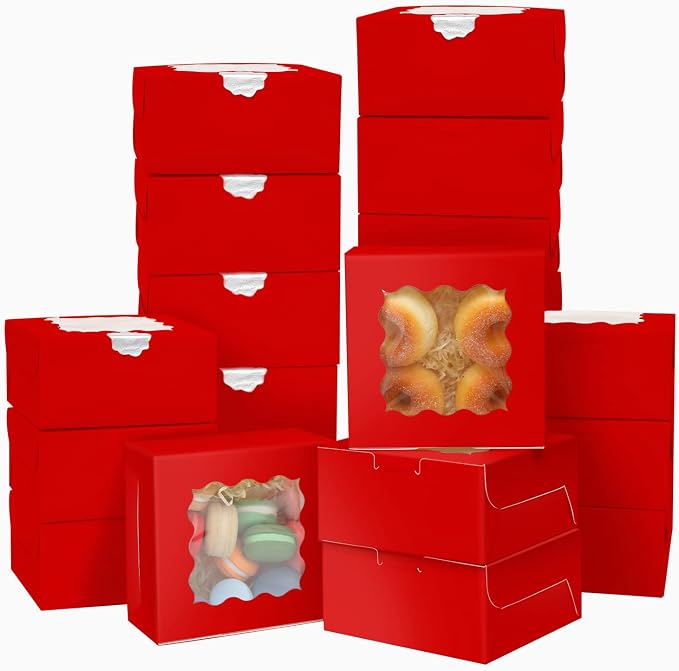 Bakepacker 60pcs Red Bakery Boxes with Window 6x6x3 inches Thick & Cookie Boxes & Sturdy Macaroon Pastry