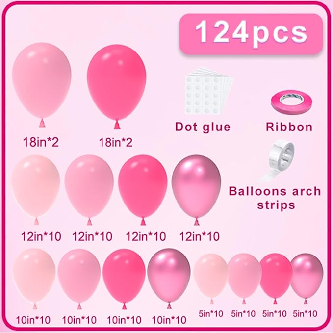 NISOCY Pink Balloons Garland Arch Kit, 18In 12In 10In 5In Different Size 124pcs Hot Pink Metallic Pink Balloons for Valentine's Day Wedding Baby Shower Princess Birthday Pink Party Decorations