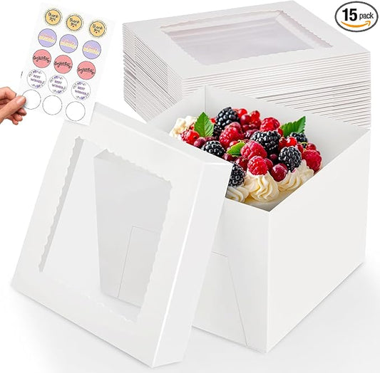 RICCLE 15pcs Cake Boxes, 8x8x8 Inches Tall Cake Box with Window, Large White Bakery Boxes, Baking Boxes, Square Cardboard Cake Box for Multi-Layer Cakes, Cake Decorating Supplies, Valentines Day
