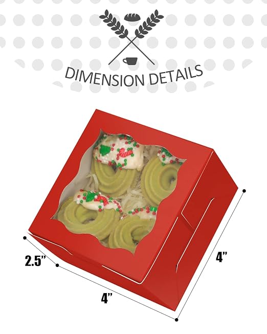 qiqee Red Bakery Boxes with Window 55pcs 4x4x2.5 Mini Cookie Boxes Macaron Boxes Small Donut Pastry Boxes for Party