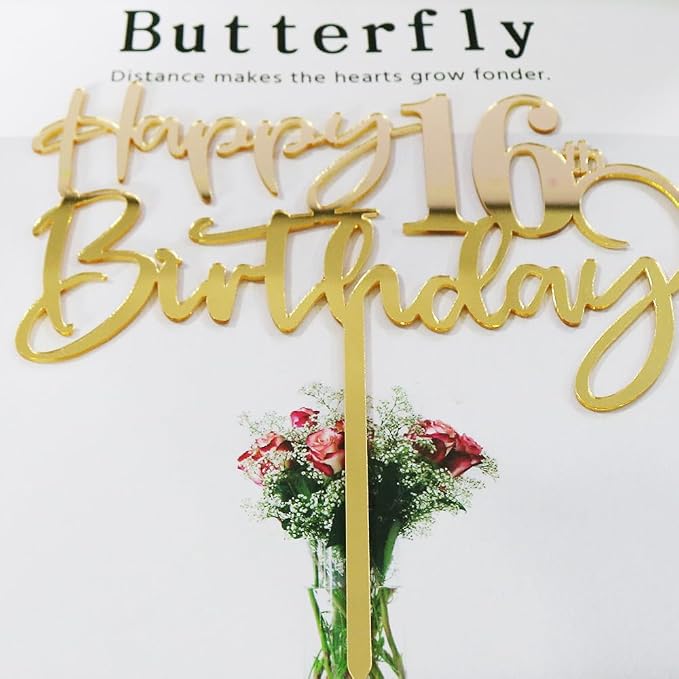 Happy 16 th birthday cake Topper,Mirrored Gold Acrylic Durable Cake Topper,16th Birthday Party Cake Decorations, Hello 16th years old, Happy sixteen years old, Birthday Party Decorations