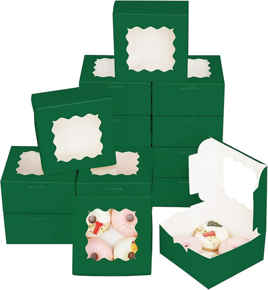 Bakepacker 60pcs Deep Green Cookie Boxes 6x6x3 inches Easy Assemble Macaroon Pastry Boxes Bakery Boxes with Window for Bakery