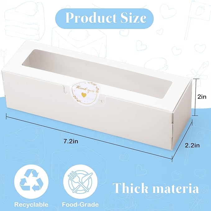50 Pack Macaron Boxes with Window - 7.3x2x2 in Macaron Packaging Containers Holds 6-8 pcs, Small Cookie, Candy and Truffle Boxes for Gift Giving