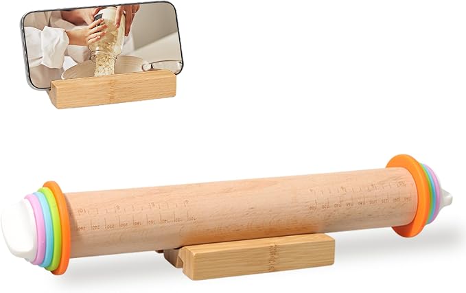 Adjustable Rolling Pin with Thickness Rings, Wood Dough Roller | natural beech wood, 8 plastic thickness rings, double-sided wooden stand, 17/14 inch, for pizza pasta cookies fondant clay