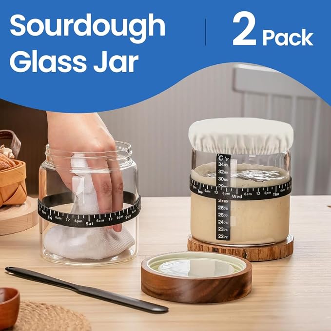 Sourdough Starter Jar Kit - Pack of 2, 35oz Wide Mouth Glass Jars for Sourdough Starter with Date Marked Feeding Scale, Thermometer, Cloth Cover, Scraper & Wooden Lid, Sourdough Jars