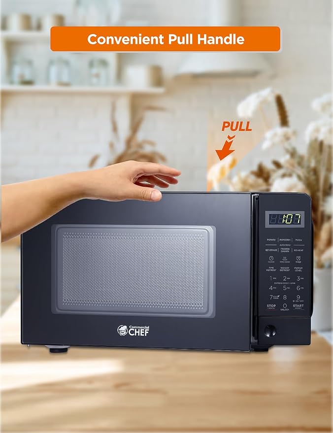 COMMERCIAL CHEF 0.7 Cubic Foot Microwave with 10 Power Levels, Small Microwave with Pull Handle, 700W Countertop Microwave up to 99 Minute Timer and Digital Display, Black