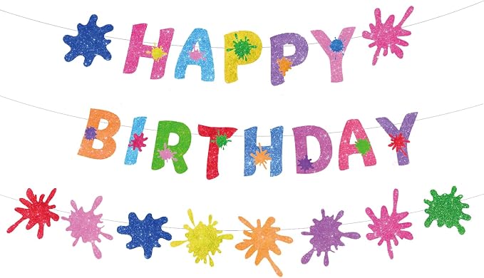 Zwiebeco Colorful Graffiti Paint Art Happy Birthday Banner Hanging Paper Sign for Girls Boys Kids Adults Party Decoration Supplies