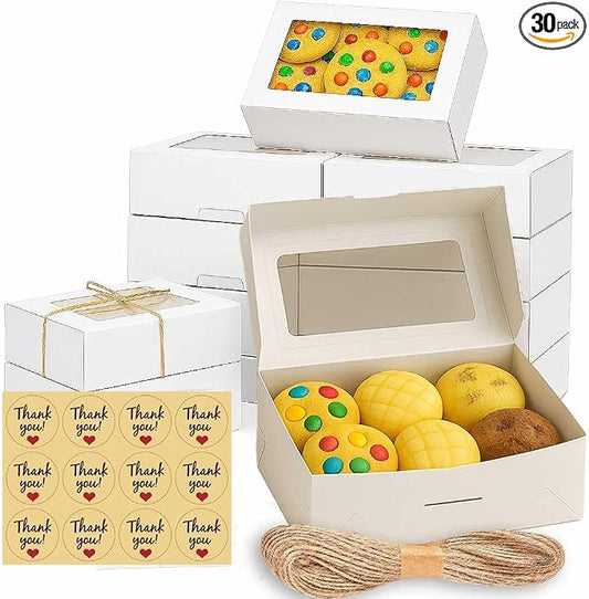 30 Pack Treat Boxes for Desserts - Cookie Boxes with Window for Gift Giving – 9x6x3 Inches Small Cookie Containers for Strawberries, Cupcake, Candy, Charcuterie, Pastry, Donuts, Baked Goods (White)