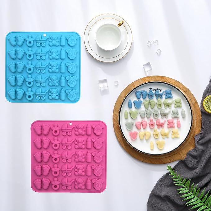 2 Pack Silicone Chocolate Molds - Feet, Onesie Bottle Pacifier Carriage Bear Mold, Silicone Mold for Candy Gummy Cake Cupcake Decoration Chocolate
