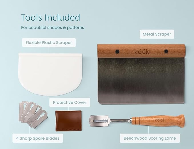 Kook Banneton Bread Proofing Set, Artisan Sourdough Bread Making Kit, 9 Inch Handwoven, Rattan Basket and Liner, Metal & Plastic Dough Scrapers, Scoring Lame & Case, 4 Extra Blades, Round