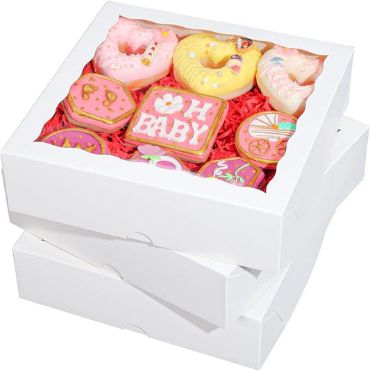 TEMLQPACK 25pcs 9x9x2.5 Inches White Bakery Boxes with Window Cookies Boxes Pie Boxe Chocolate Covered Strawberries Boxe