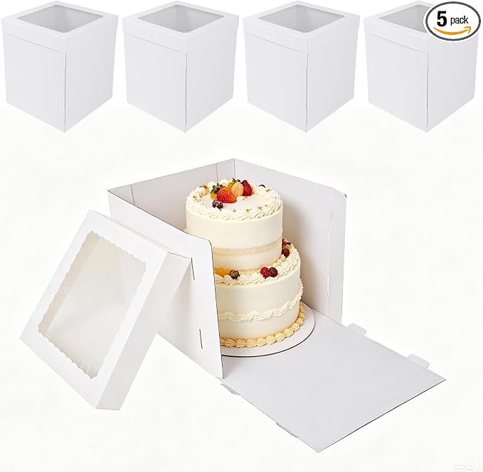 JCD White 10x10x12 Corrugated Tall Cake Boxes for 8in Multi-Layer Cakes | Thick corrugated boxes anti-collapse for long-distance delivery; 12in ultra height fits large cake toppers & flower decor
