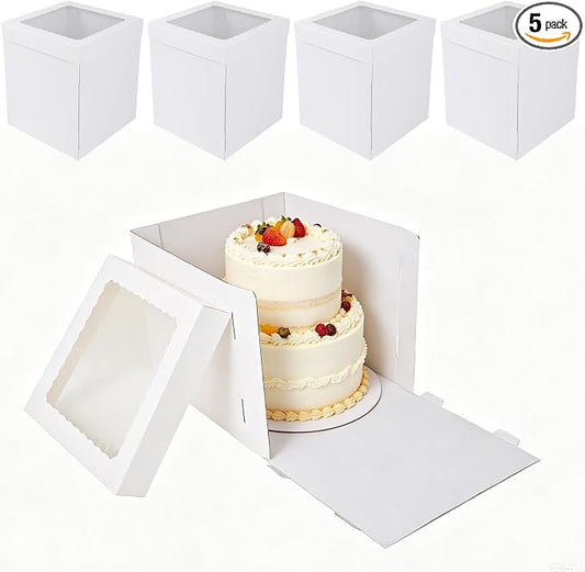 JCD White 10x10x12 Corrugated Tall Cake Boxes for 8in Multi-Layer Cakes | Thick corrugated boxes anti-collapse for long-distance delivery; 12in ultra height fits large cake toppers & flower decor