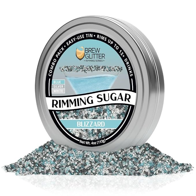 Brew Glitter Colorful Rimming Sugar Series - Blizzard (Blue, Silver & White) Cocktail Garnish for Mixed Drinks & Refreshments (4oz, 1x Bar Tin)