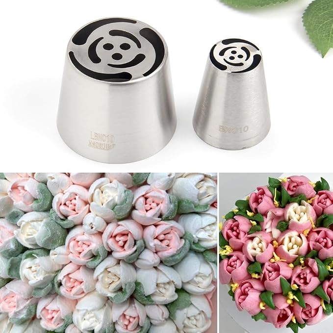 5 Pieces Stainless Steel Russian Flower Icing Tips Set,2 XXL Russian Icing Tips,2 Large Piping Tips,1 Cleaning Brush for Cake Decorations,Pastry Piping Nozzles,Baking Tools