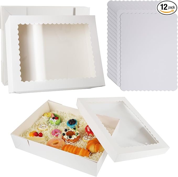 12 Sets 14x10x4in White Bakery Boxes Half Sheet Cake Boxes with Board, Large Treat Boxes for Pastry Baking Cake Donuts Cupcake Pie Packaging