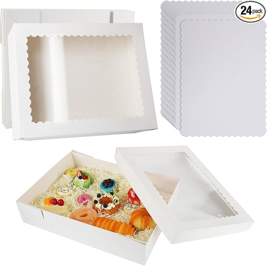 24 Sets 14x10x4in White Bakery Boxes Half Sheet Cake Boxes with Board, Large Treat Boxes for Pastry Baking Cake Donuts Cupcake Pie Packaging
