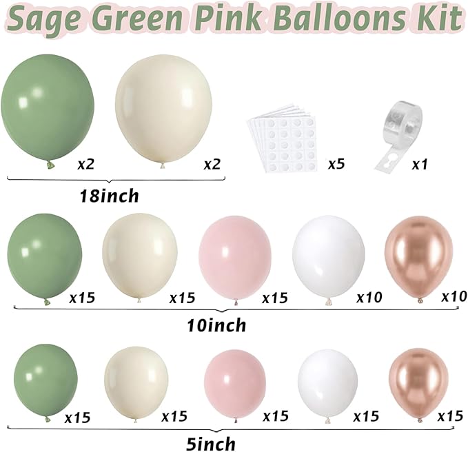 Sage Green Pink Balloon Arch Kit - 144 pcs Olive Green Pink Sand White Balloons with Rose Gold Metallic Latex Balloons for Girl Birthday Wedding Bride Shower Party Decorations