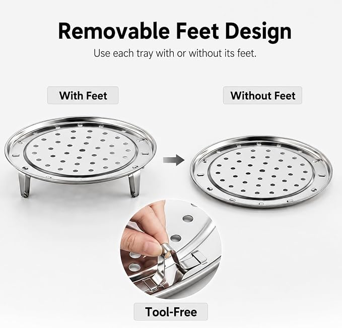 4 Pack Stainless Steel Steamer Rack for Pots, Tamales, Canning | Round racks with removable legs for stock pots, pressure cookers, vegetables, dumplings, and cooling baked goods.