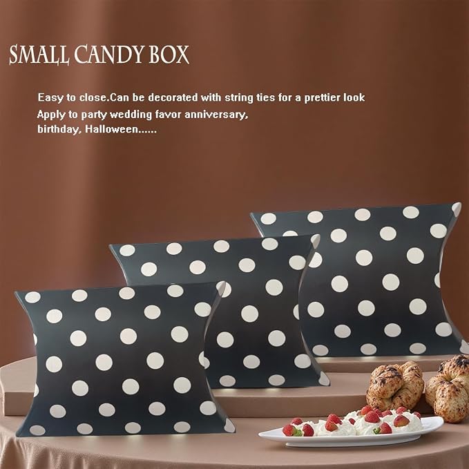 50 Pcs Kraft Paper Pillow Gift Boxes,3.5x2.6 Inch Mini Folding Treat Boxes, Creative Favor Box Folding Treat Boxes for Bakery, Candy, Jewelry, Wedding & Party Favors(Black dots)