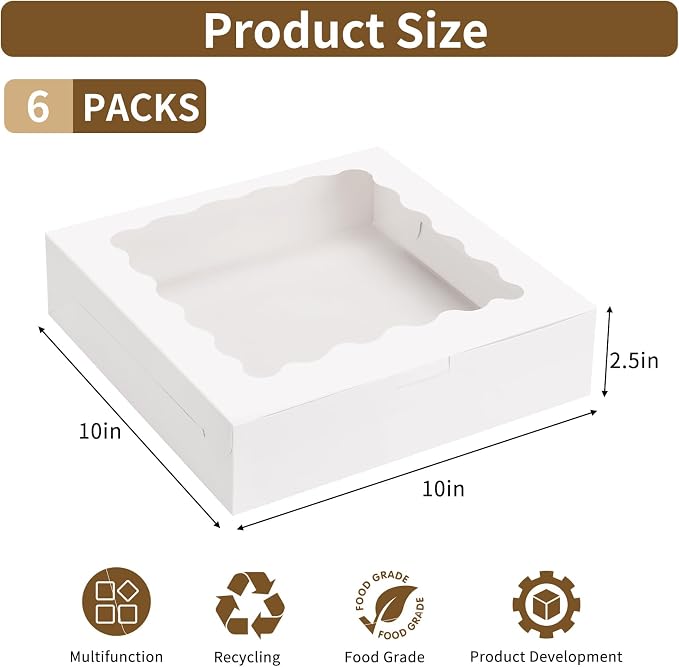 Moretoes 6pcs Pie Boxes, 10x10x2.5 Bakery Boxes with Window, White Bakery Boxes for Pies, Dessert, Donuts, Muffins